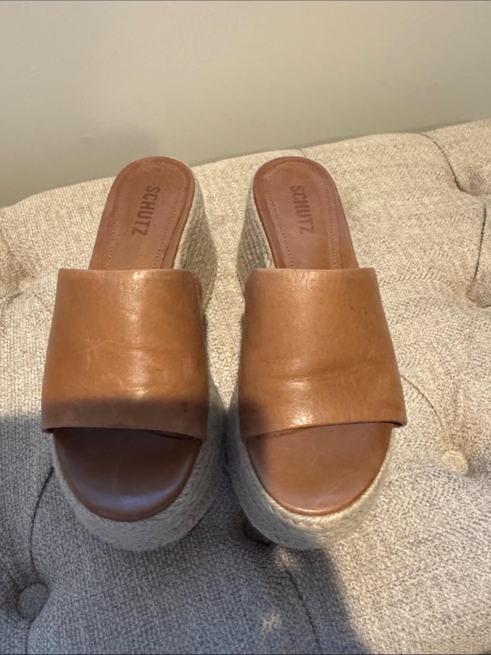SCHUTZ  Marih Weekend 
Cognac Leather Platform Slide Sandals